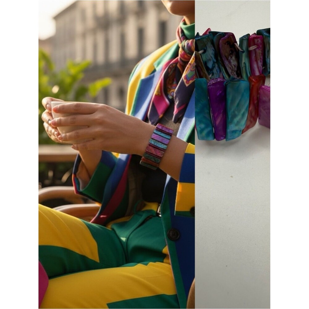 Colorful Shell Tile Stretch Bracelet | Iridescent Boho Statement Bracelets